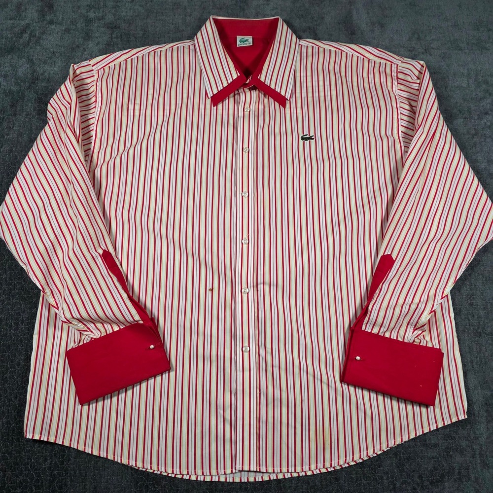 Lacoste Mens 4X Striped Button Down Shirt Red Yellow French Cuff Cotton Logo